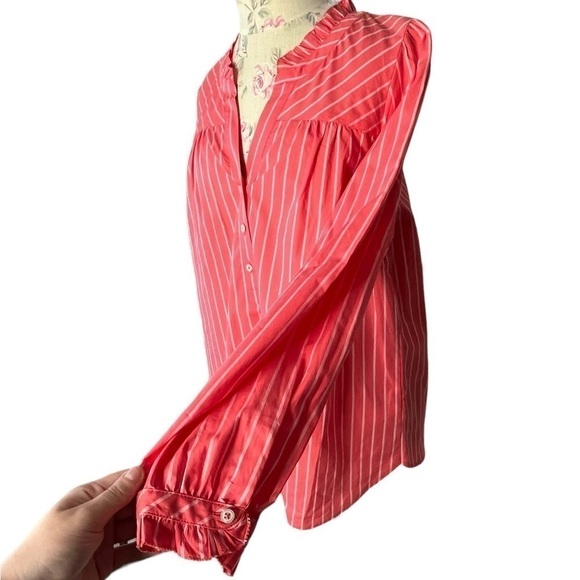 Talbots 100% cotton, coral & white pinstriped button-down ruffle trim shirt Sz L - Picture 6 of 15